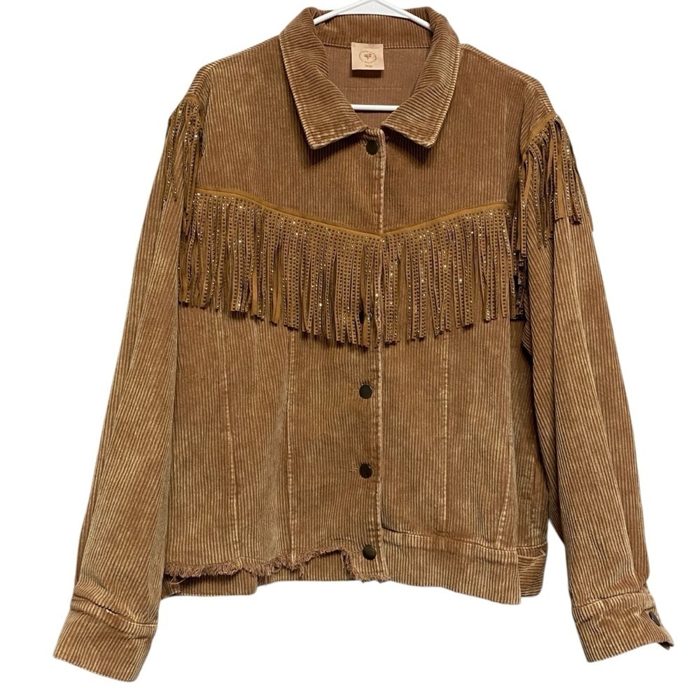 Brown Corduroy Stud Fringed Western Country Rodeo Cotton Button Jacket Size L